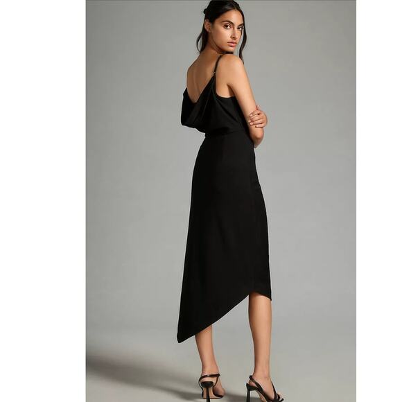 NWT By Anthropologie Cowl-Neck Ruched Dress $160 X-SMALL Black Asymmetrical - Picture 3 of 5